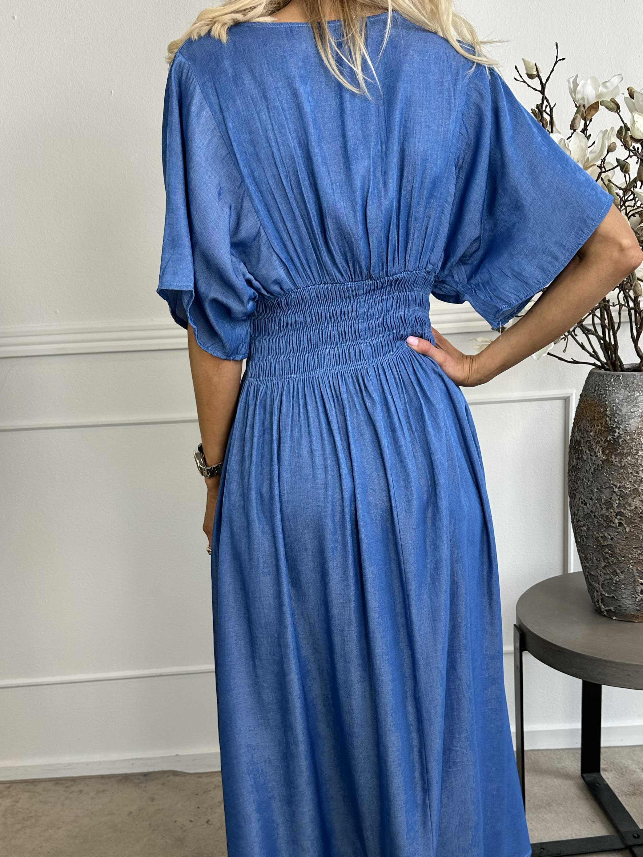 Pams Denim - Lang kjole med smock under brystet